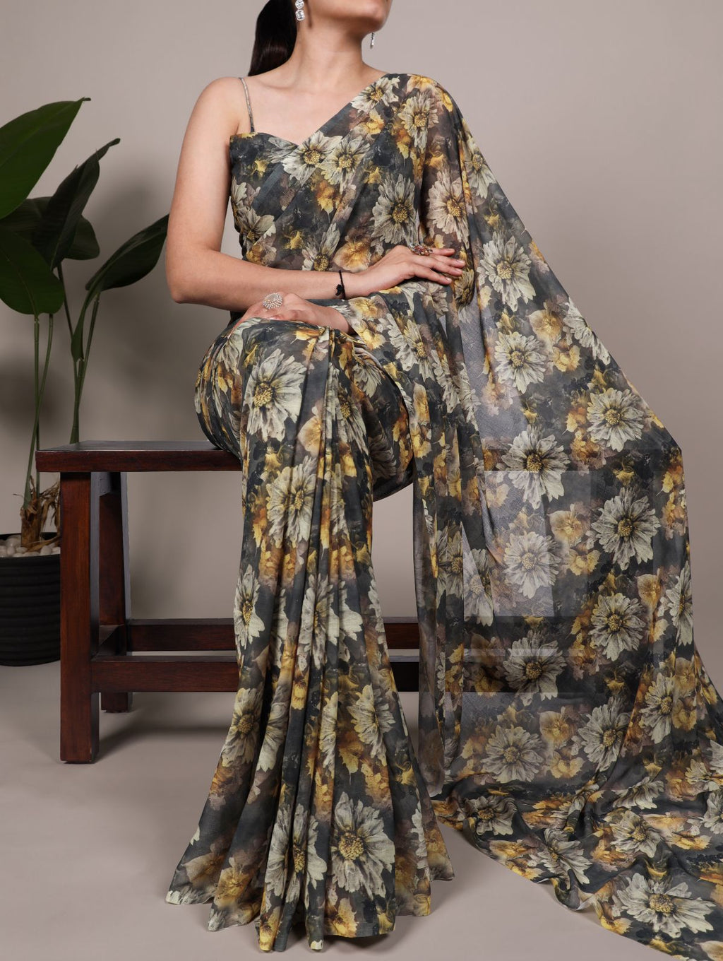 Mehendi green weightless marble floral print saree with unstitched blouse