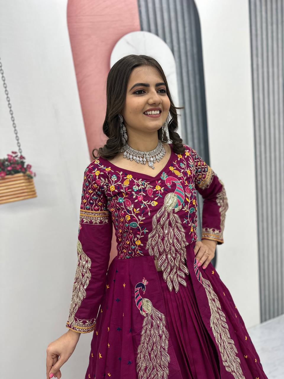 Mani magneta Vichitra silk crop top peacock design lehenga with embroidered shrug