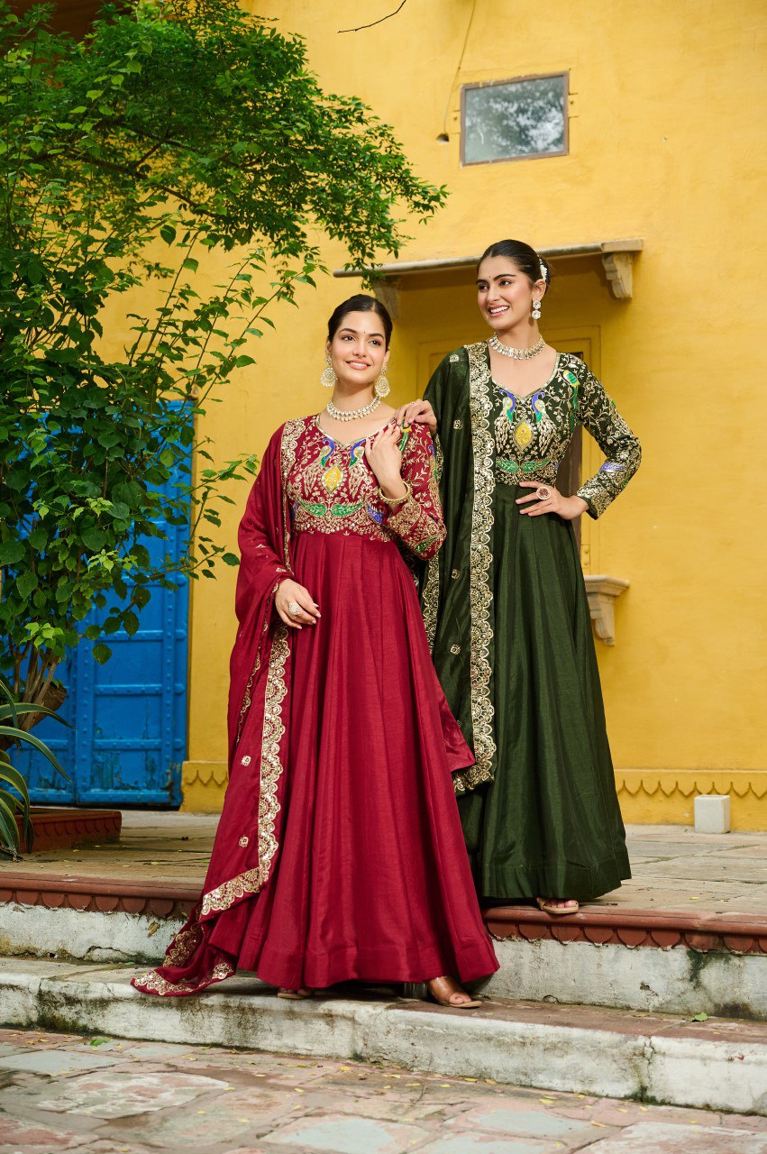 Maroon silk gown with multi thread zari embroidery and dupatta