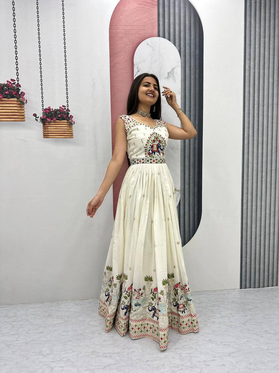 Off-white chinon embroidered designer gown with dupatta