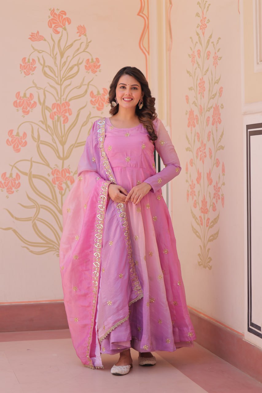 Pink organza flair gown with sequins zari embroidery and dupatta