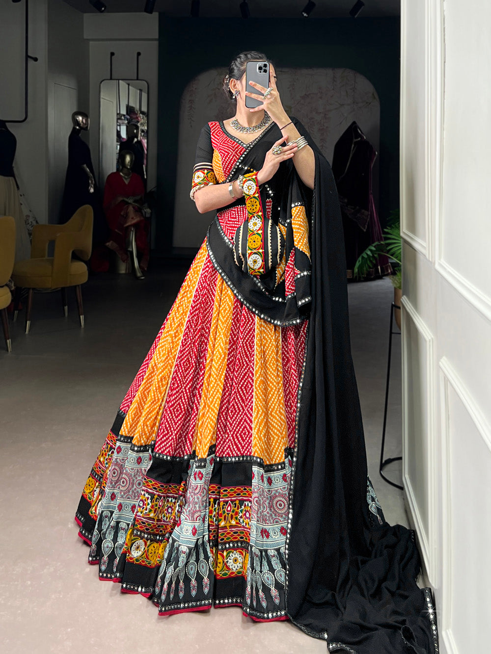 Black yellow pure rayon Bandhej Ajrakh Gamthi mirror work lehenga choli