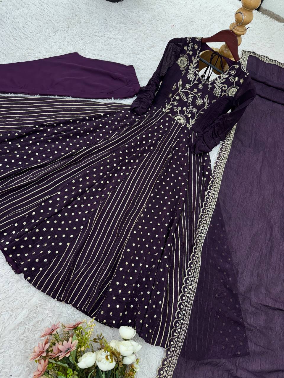 Purple traditional silk Anarkali suit set for women