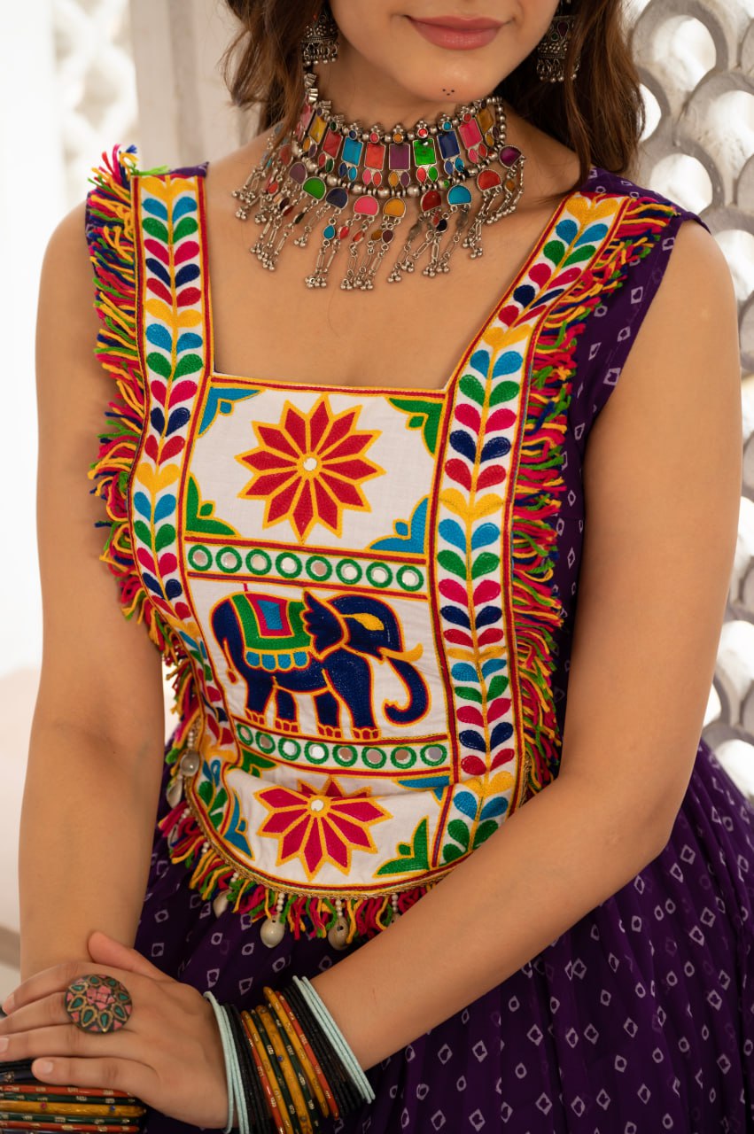 Purple faux georgette Bandhani print Kutchi patch mirror work gown