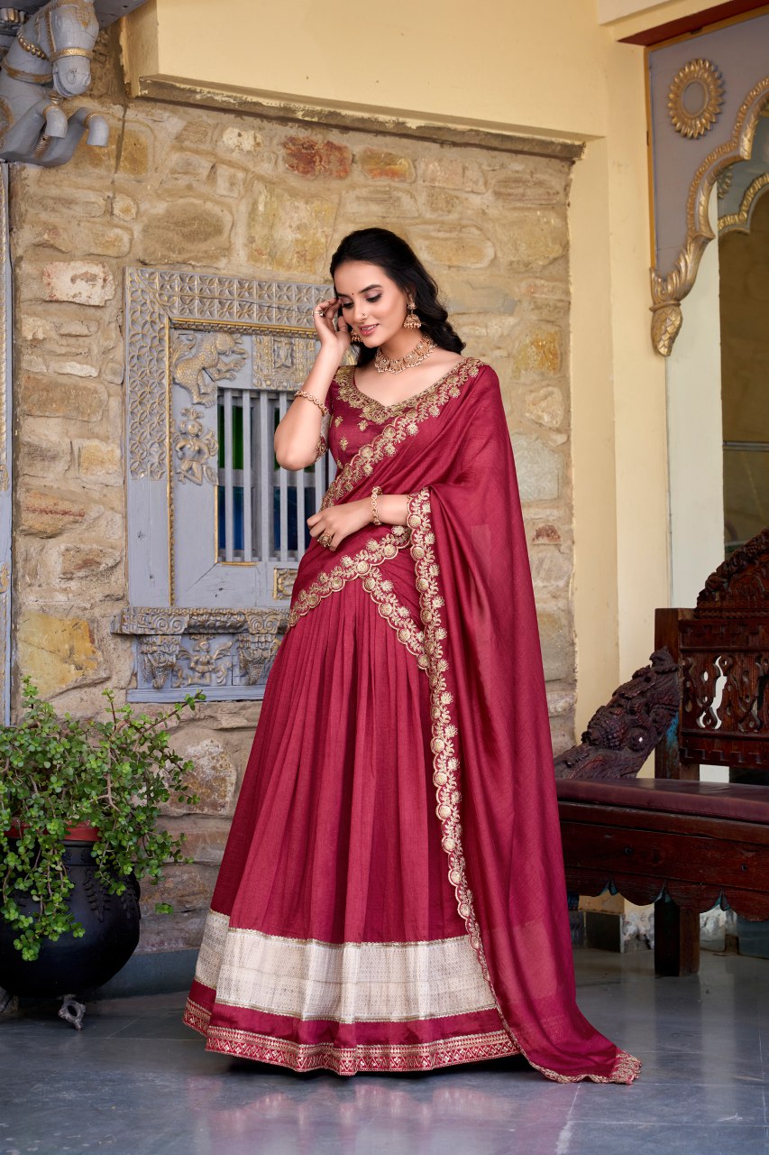 Maroon Vichitra silk zari weaving work lehenga choli with dupatta