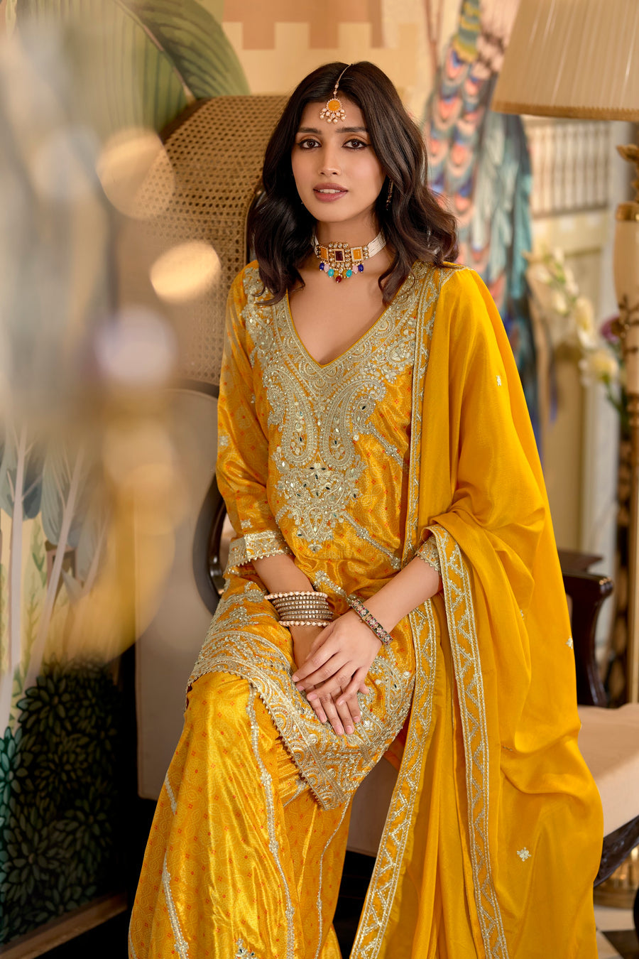 Meera chinon silk embroidered designer kurti sharara set