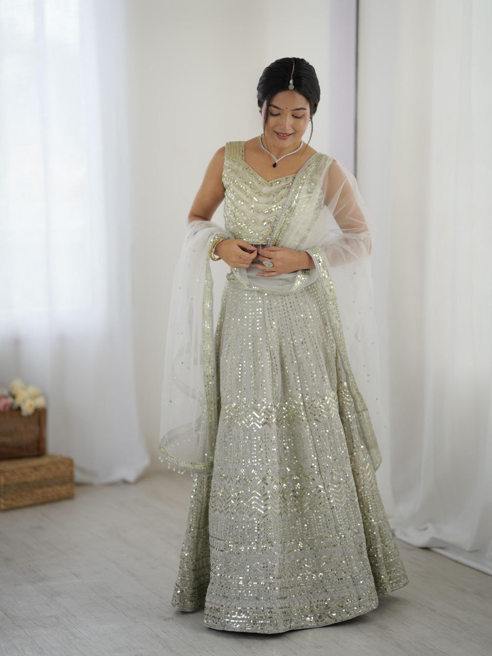 Silver grey georgette sequins and dori work lehenga choli with dupatta