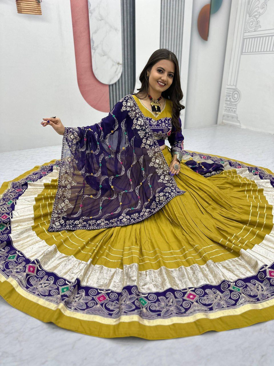 Mustard yellow pure cotton embroidered sequins work lehenga choli