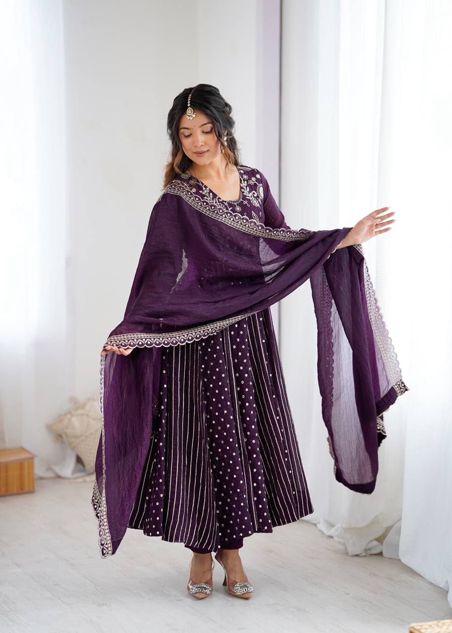 Purple traditional silk Anarkali suit set for women