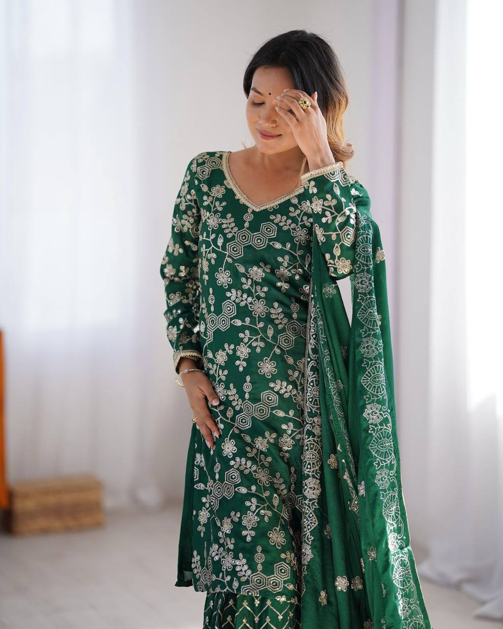  Agnija green Chinon silk sharara suit set for women, featuring thread and sequin embroidery on kurti and dupatta, stitched sharara pants with soft micro lining – perfect festive and wedding ethnic outfit for 2025.