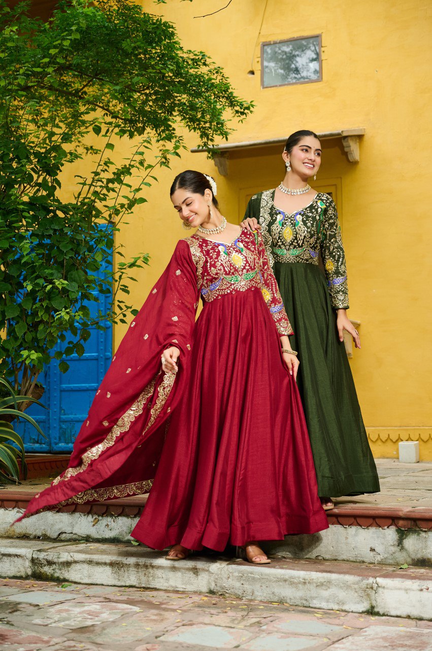 Maroon silk gown with multi thread zari embroidery and dupatta