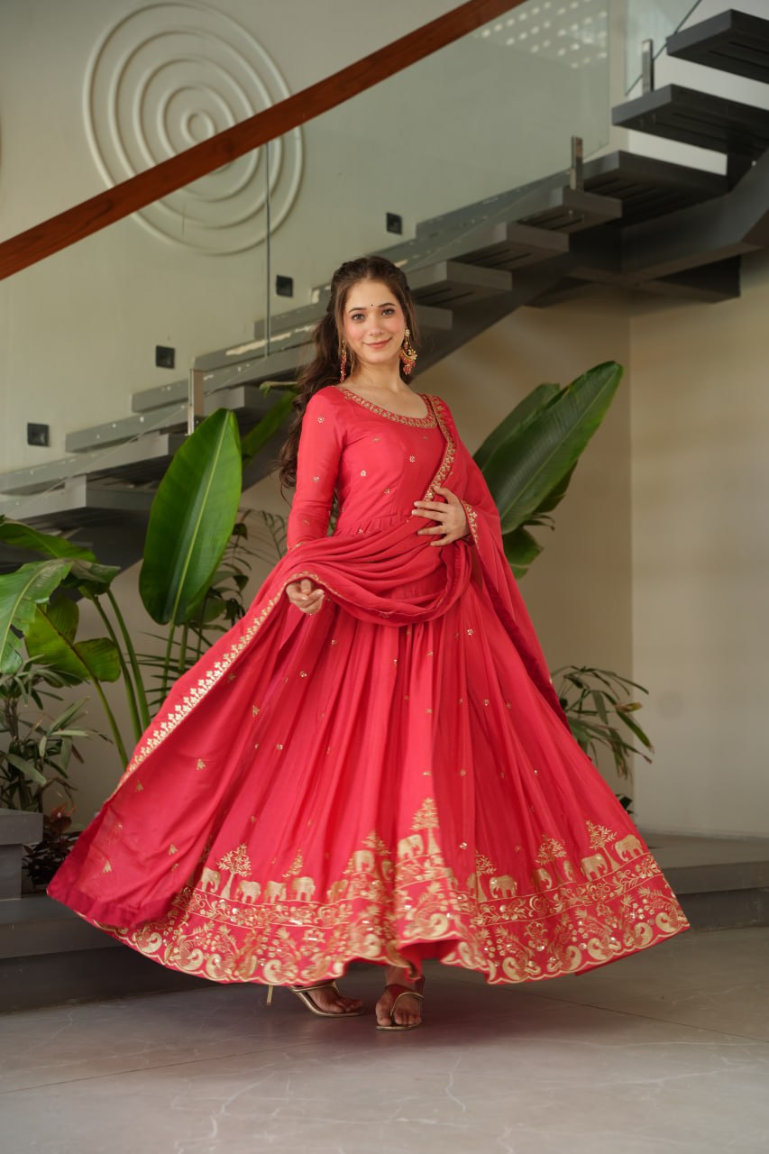 Harvisha rani pink chinon silk embroidered gown