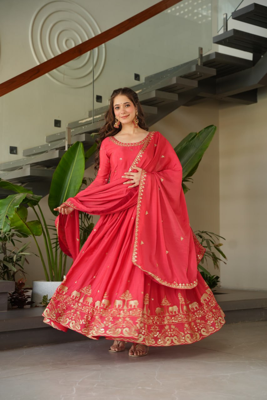 Harvisha rani pink chinon silk embroidered gown