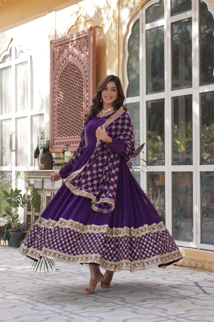 Avishka purple embroidered anarkali gown set
