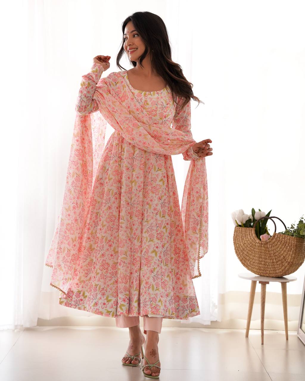 Pink orange chiffon floral Anarkali suit for wedding functions
