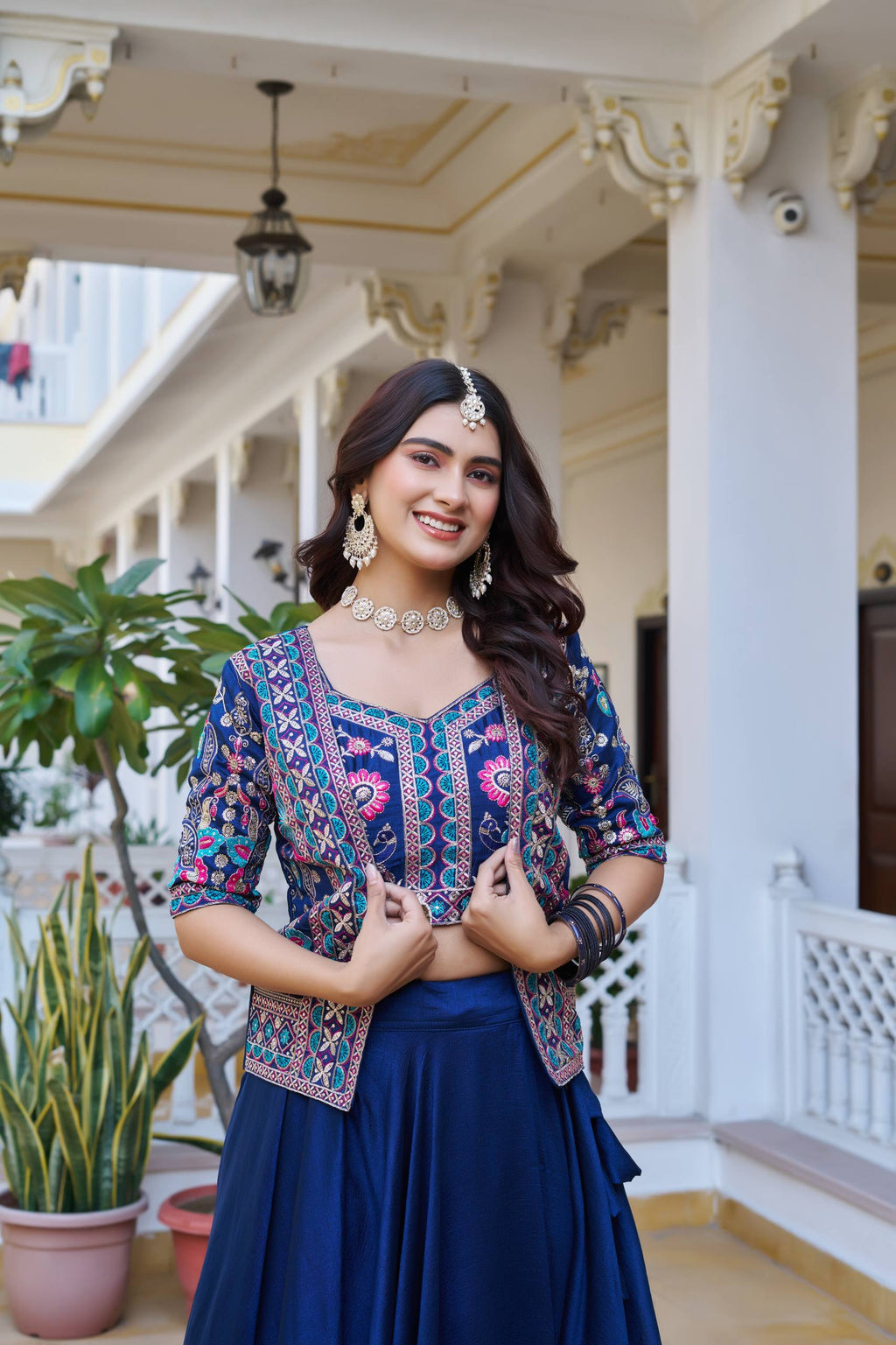 Devisha blue Vichitra silk lehenga choli with embroidered koti