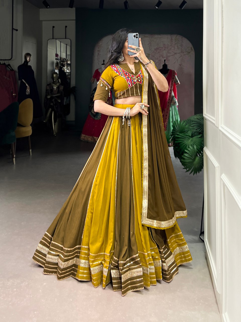 Mustard yellow pure rayon mirror Gamthi work lehenga choli