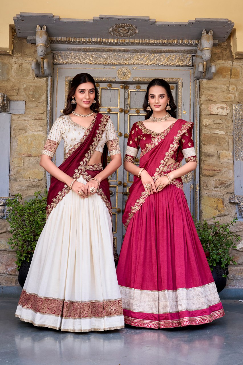 Off-white Vichitra silk lehenga choli set featuring zari weaving, sequins lace border, and embroidered dupatta ideal for weddings and festive celebrations.