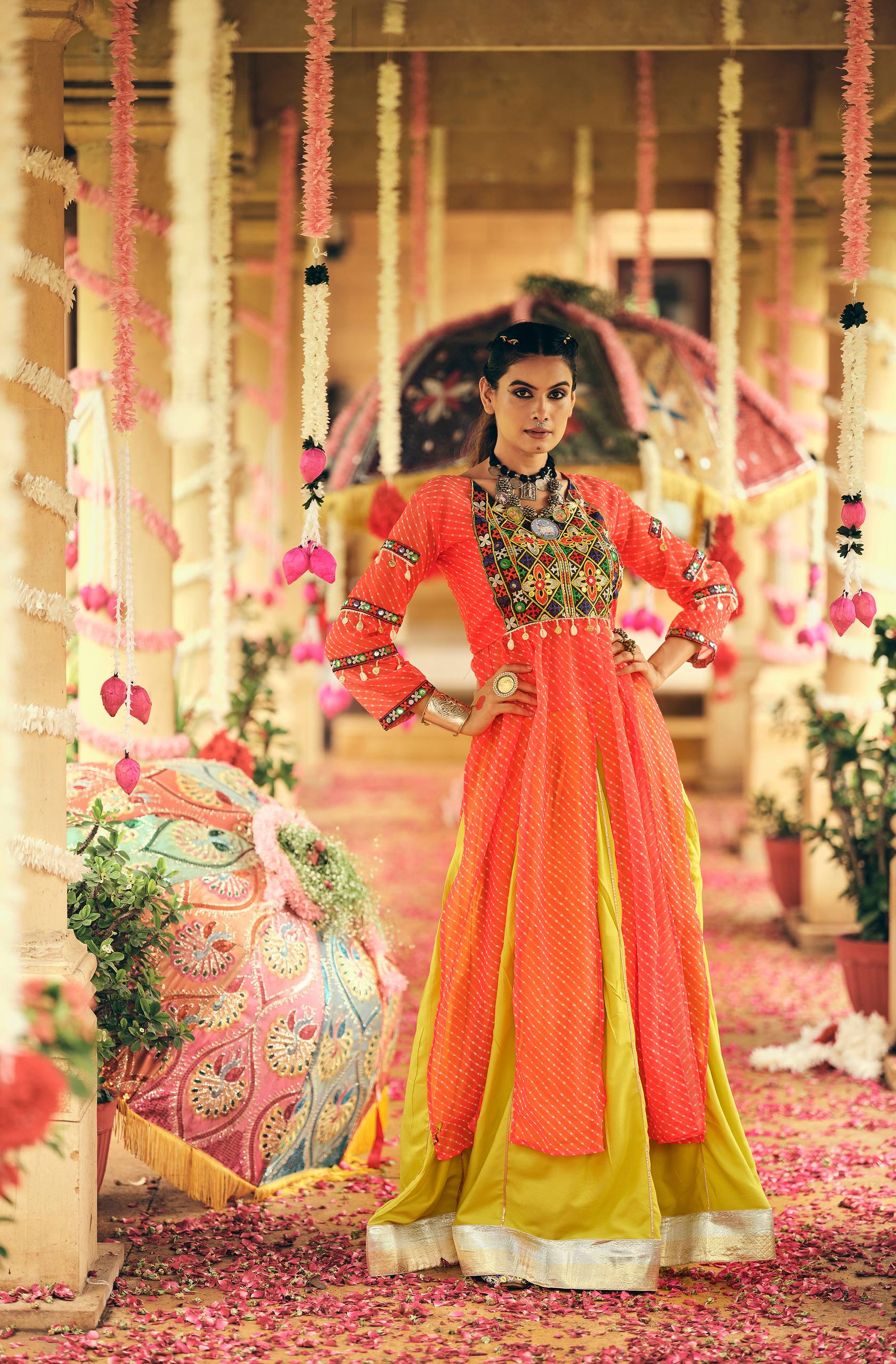 Orange pure rayon canvas patta embroidered mirror work lehenga choli
