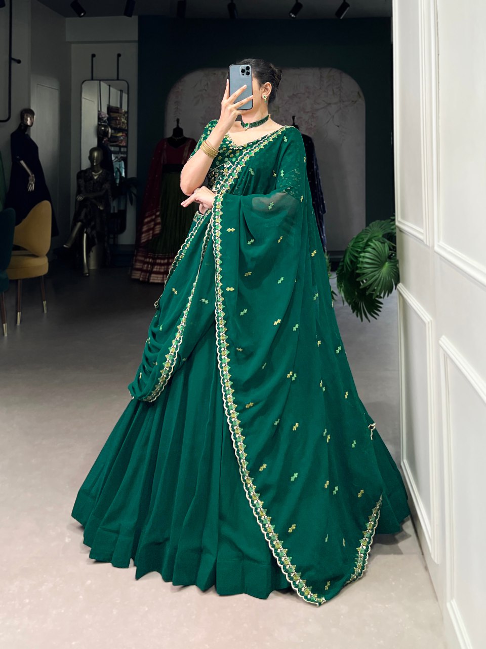 Emerald green georgette thread embroidery work lehenga choli