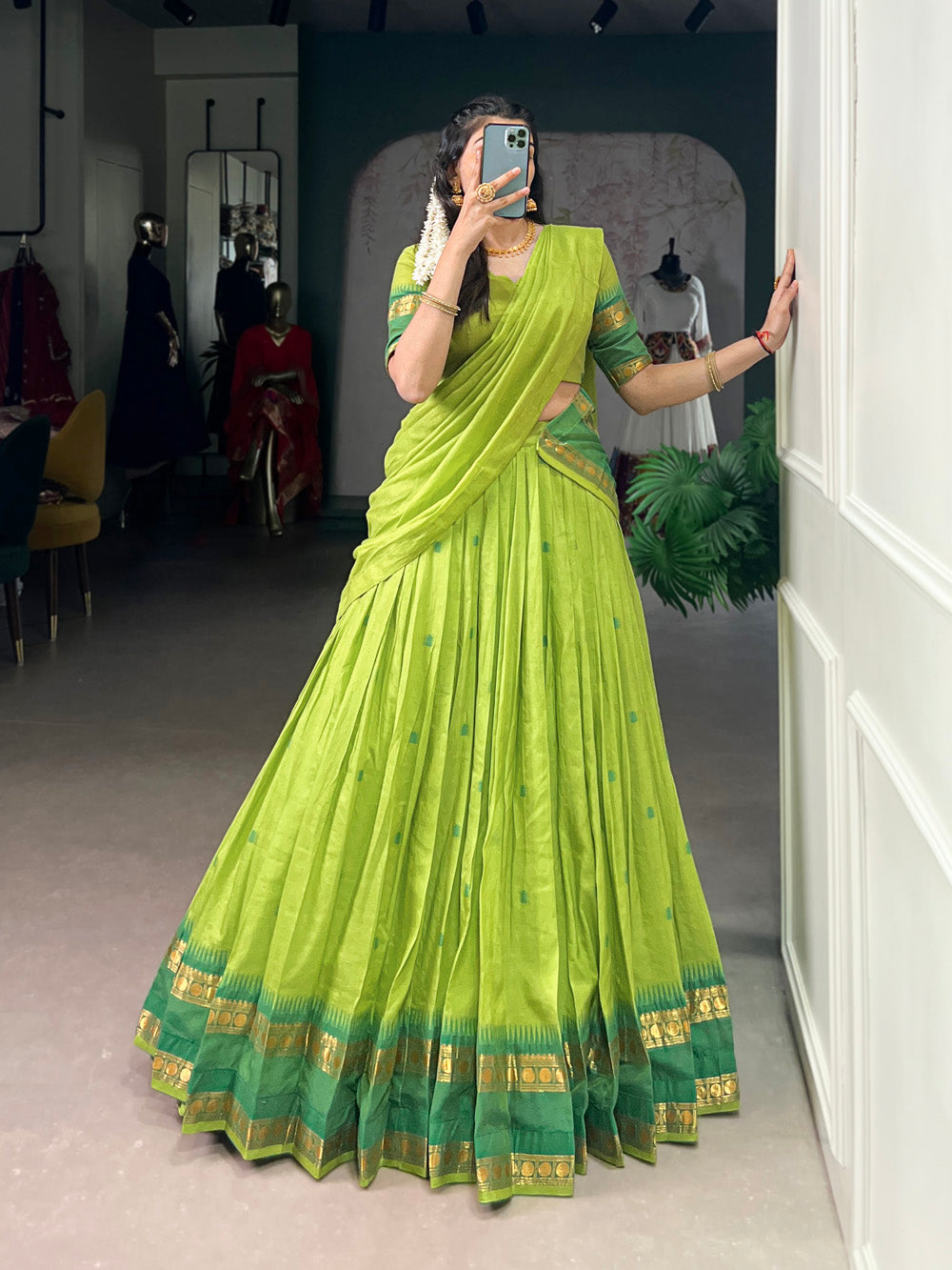 Green traditional Chanderi half-saree lehenga with zari work