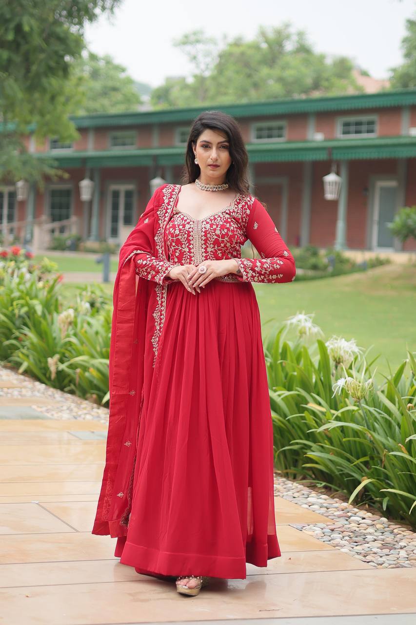 Red georgette embroidered Parthavi designer Anarkali gown