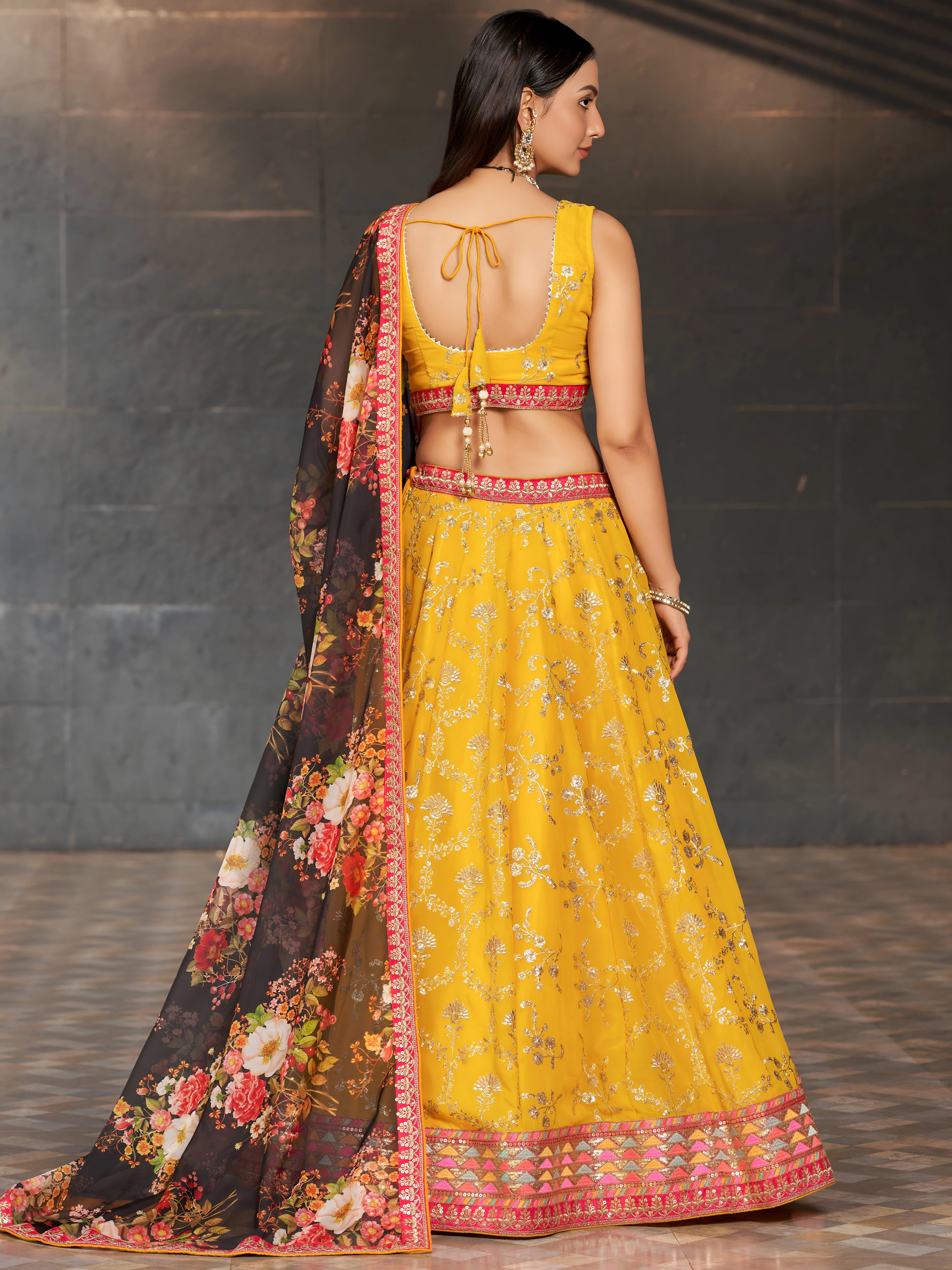 Navya mustard yellow floral embroidered lehenga choli with dupatta