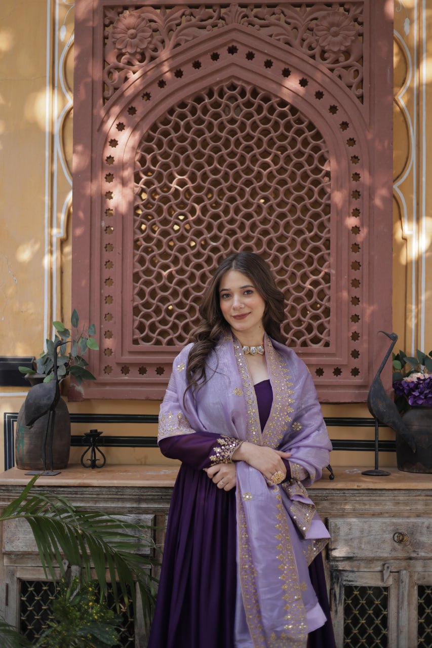 Purple star georgette embroidered zari sequins work gown with dupatta