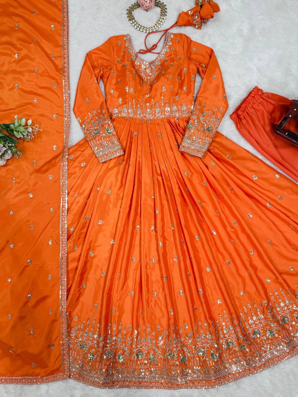 Meghnita Anarkali suit in American Silk with thread & sequin embroidery, padded gown, stitched pant & dupatta—perfect for weddings & festive wear.