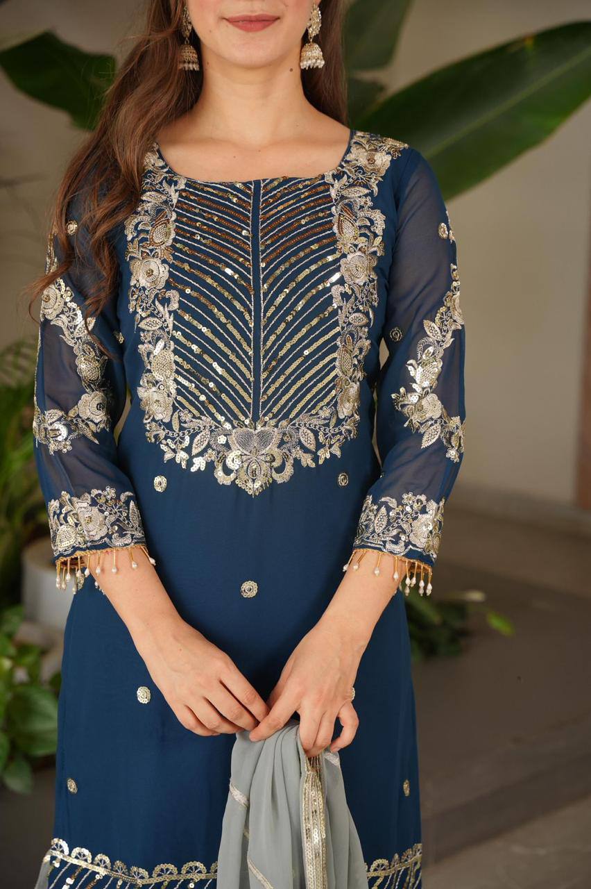 Blue fox georgette embroidered heavy sequence work kurti palazzo set