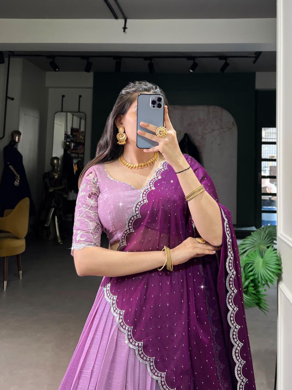 Lavender glossy lehenga choli with silver embroidery and hotfix work