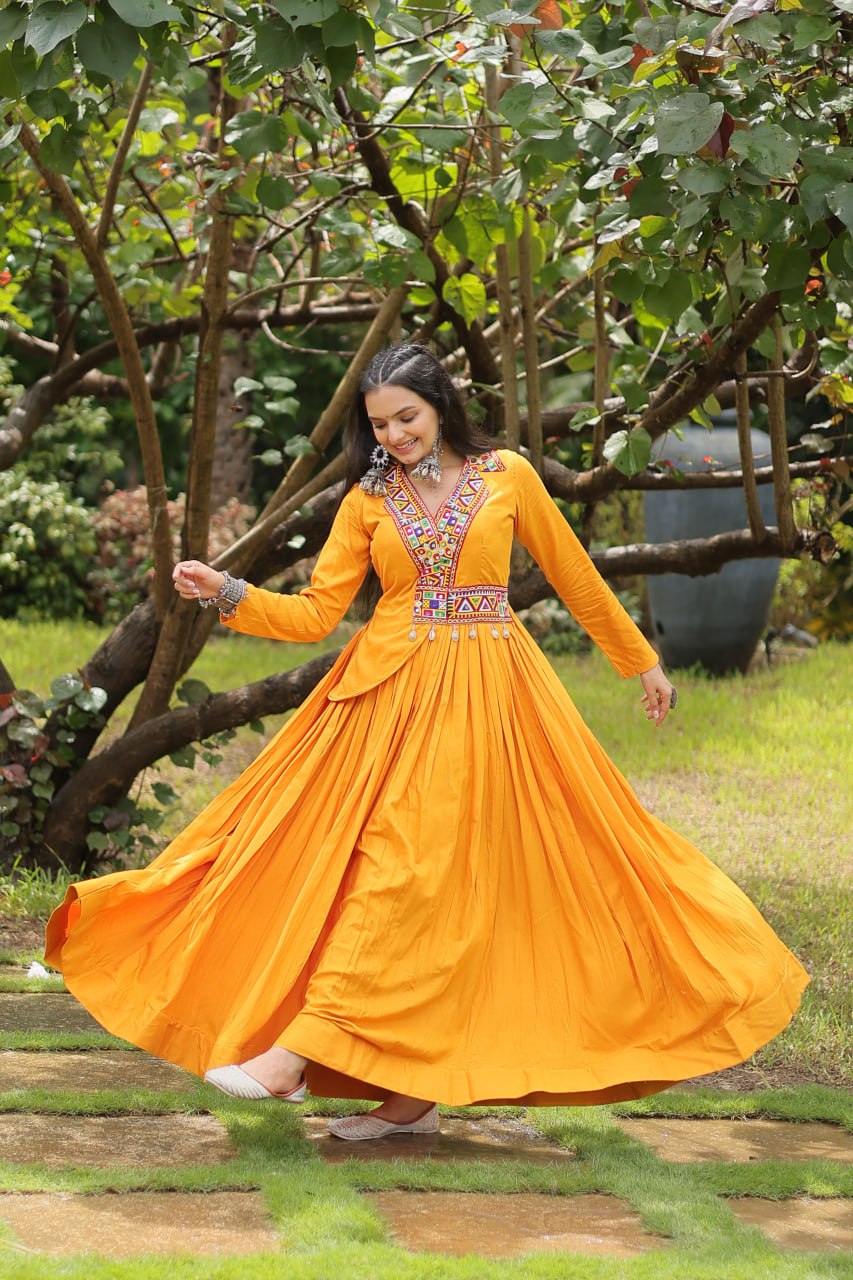 Yellow rayon Kutchi Gamthi embroidered Misty Navratri gown