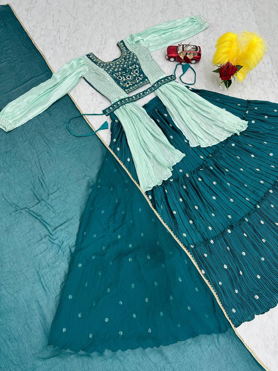 Malti teal green chinon embroidered crop top lehenga with nazmin dupatta and belt