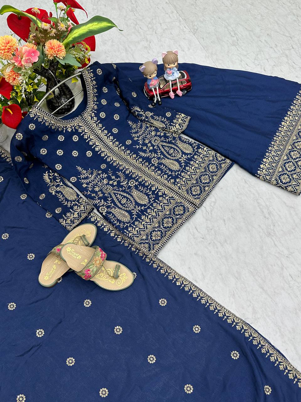 Enya blue Chinon kurti palazzo set with thread sequence embroidery work