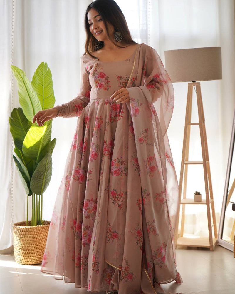 Madhavi brown georgette anarkali gown suit set