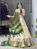 Off-white cotton embroidered lehenga with green Gaji silk dupatta