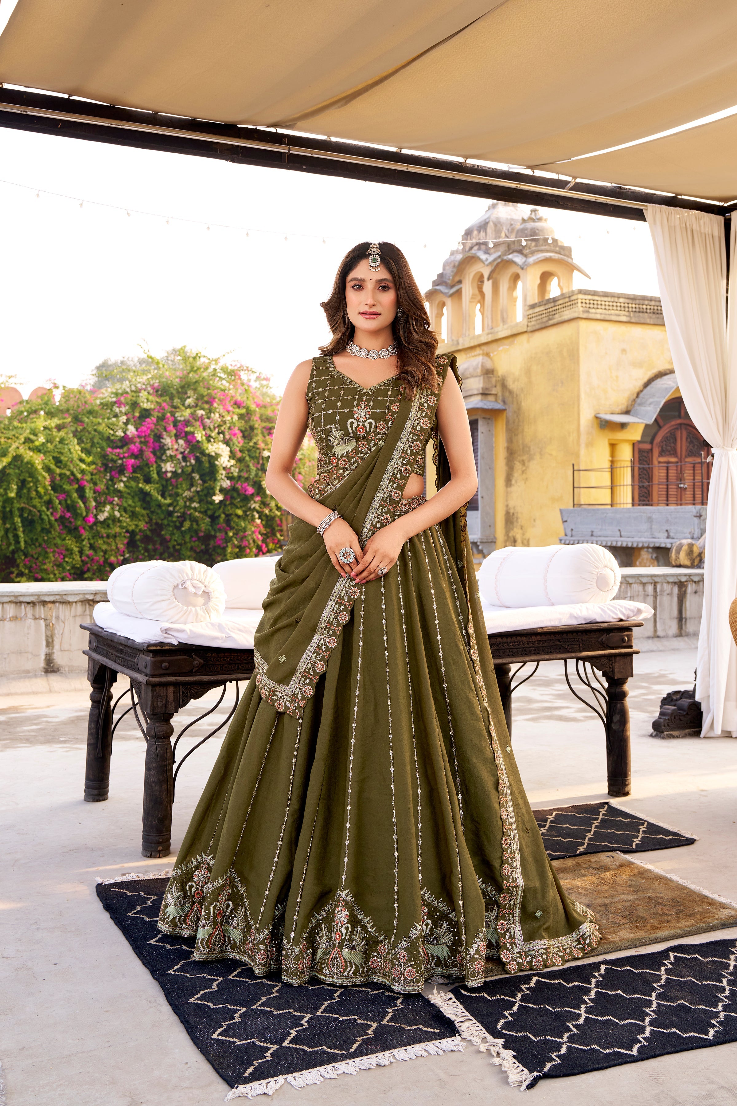 Zarakh olive green crush silk lehenga choli with sequins and thread embroidery work