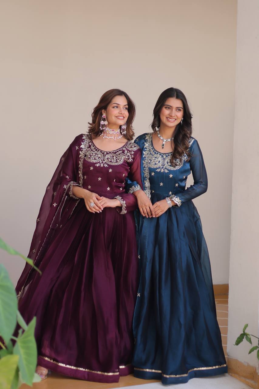 Siddhika pure Burberry silk embroidered gown set