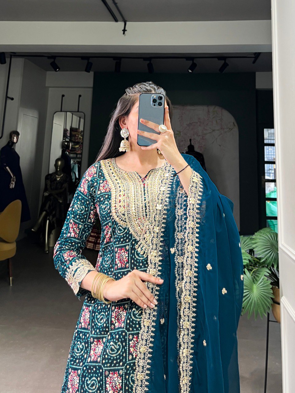 Teal blue rayon kurti set with embroidered organza dupatta