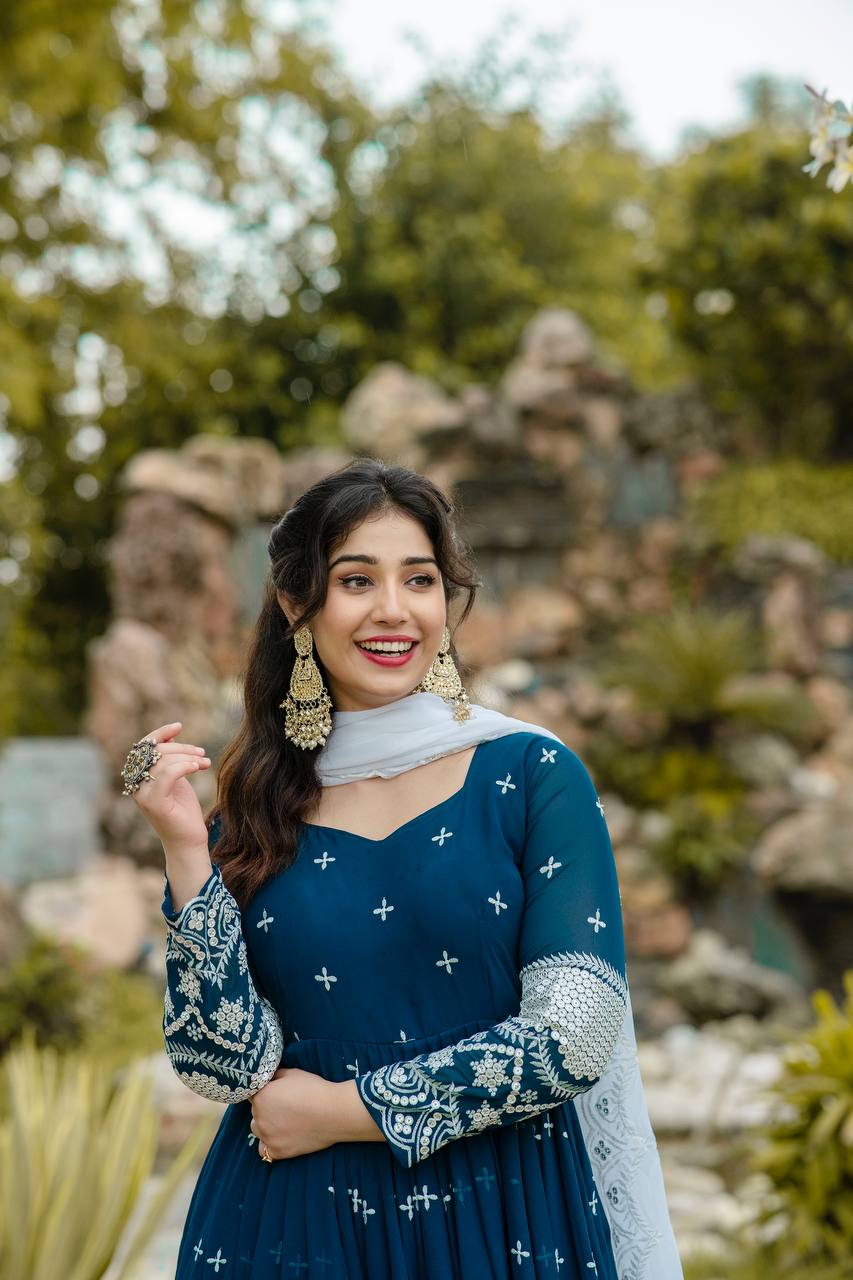 Blue georgette embroidered Nivriti designer Anarkali suit