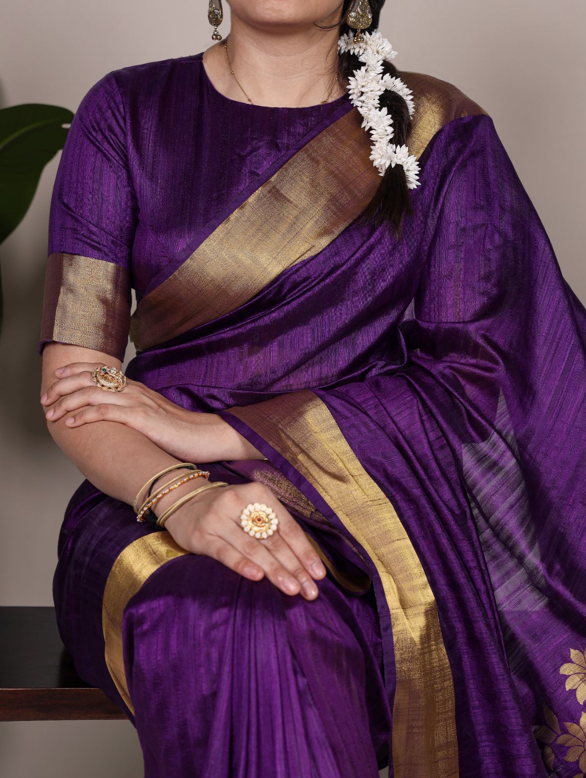 Purple raw silk zari weaving saree with unstitched blouse