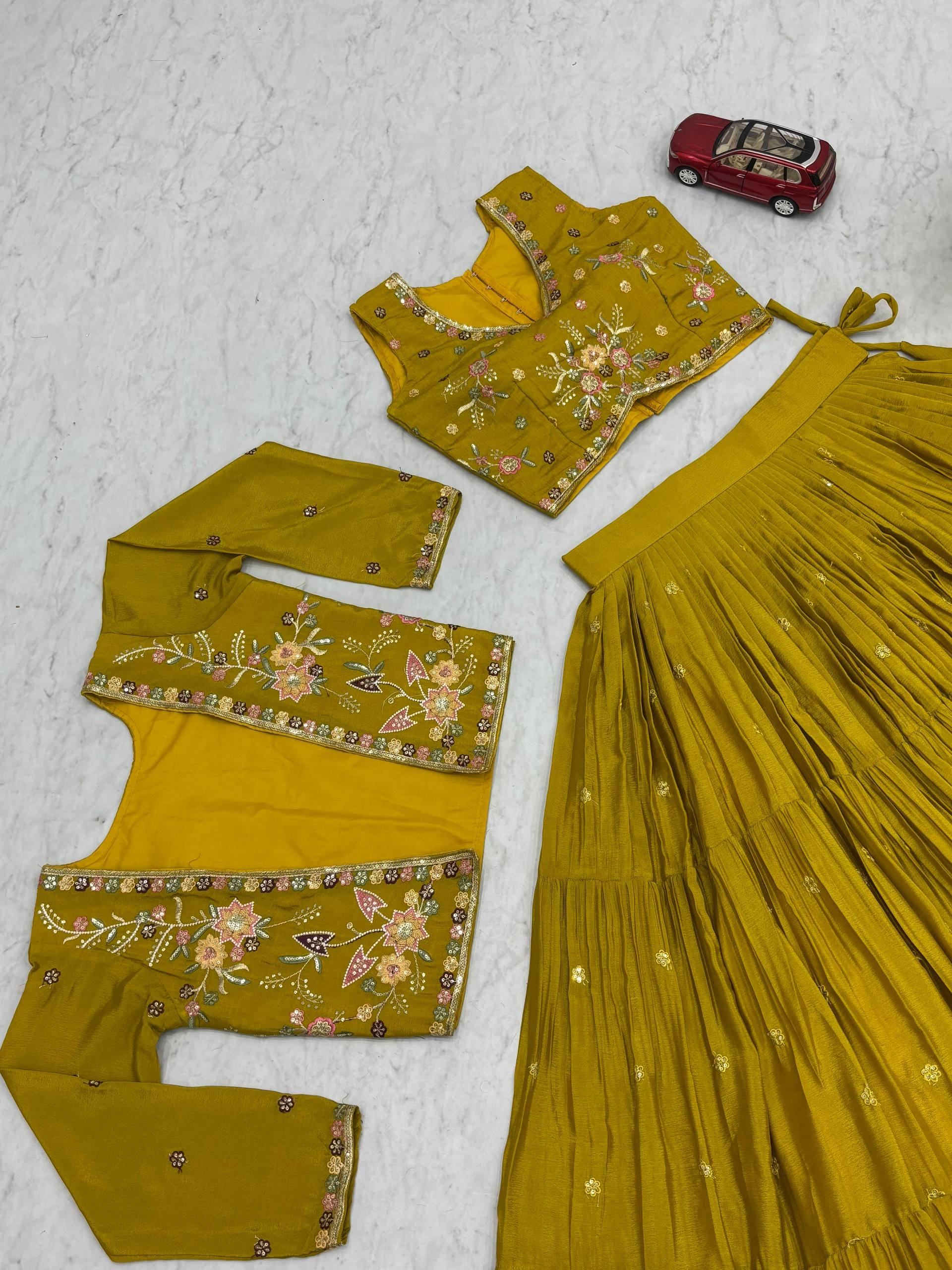 Mustard yellow chinon embroidered crop top lehenga with designer jacket