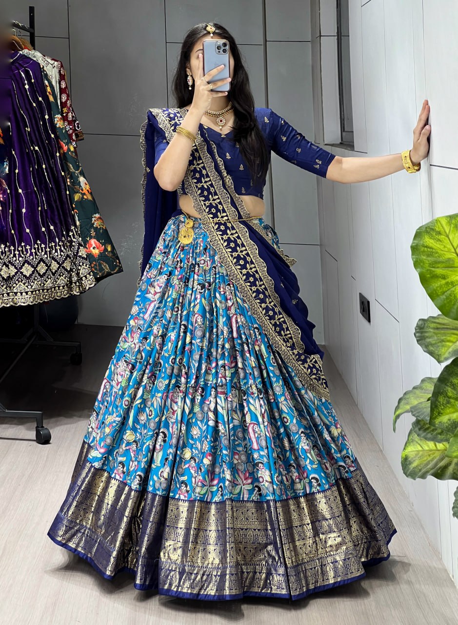 Blue Kalamkari soft dola silk half saree lehenga with embroidered dupatta