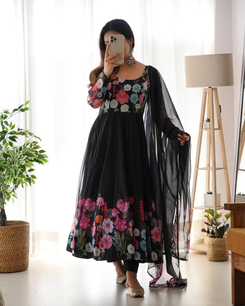 Darshika black organza floral printed anarkali suit set
