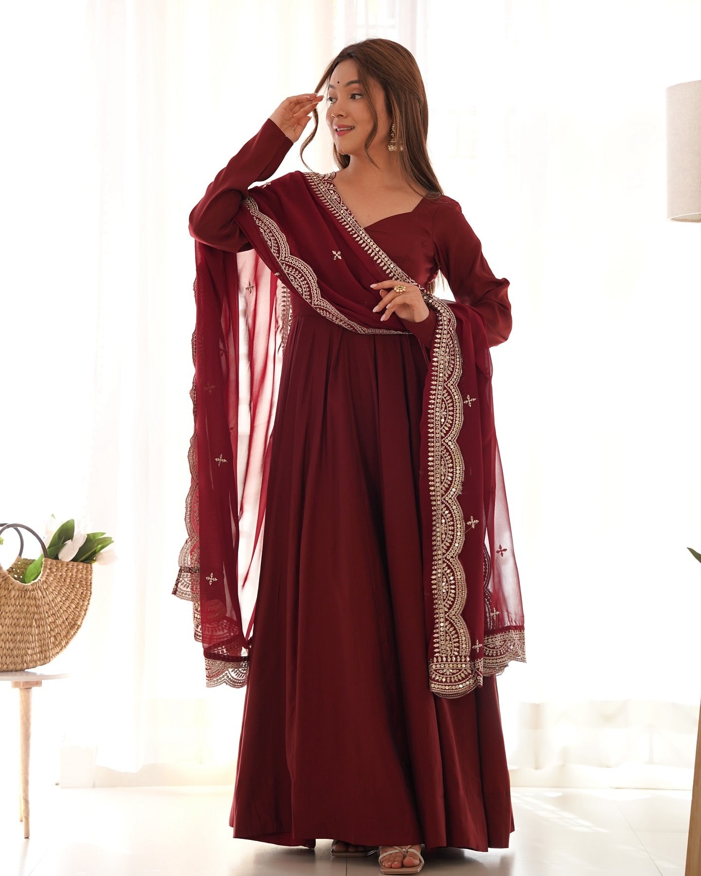 Prema brown Chanderi silk Anarkali suit set