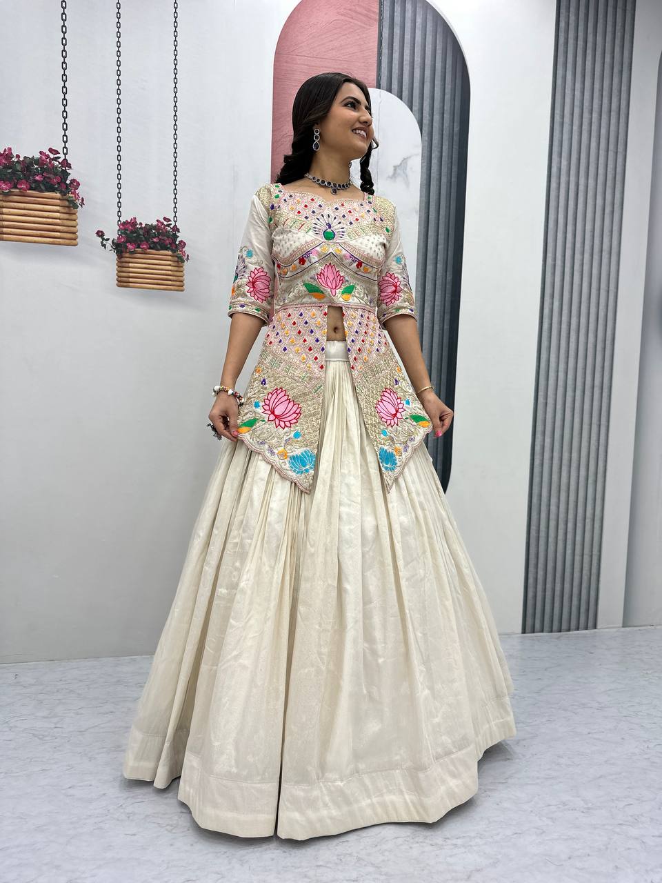 Neerja off-white Cosmos silk crop top lehenga choli with embroidery and sequins work