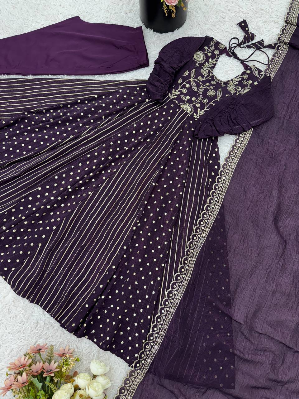 Purple traditional silk Anarkali suit set for women