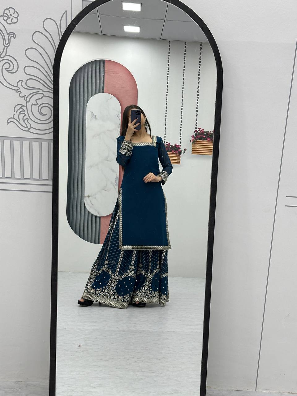 Aroa blue fox georgette kurti palazzo set with embroidery sequence work