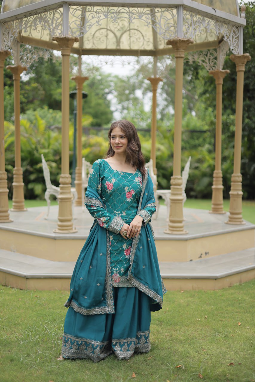 Teal chinon embroidered Medhasvi designer sharara suit