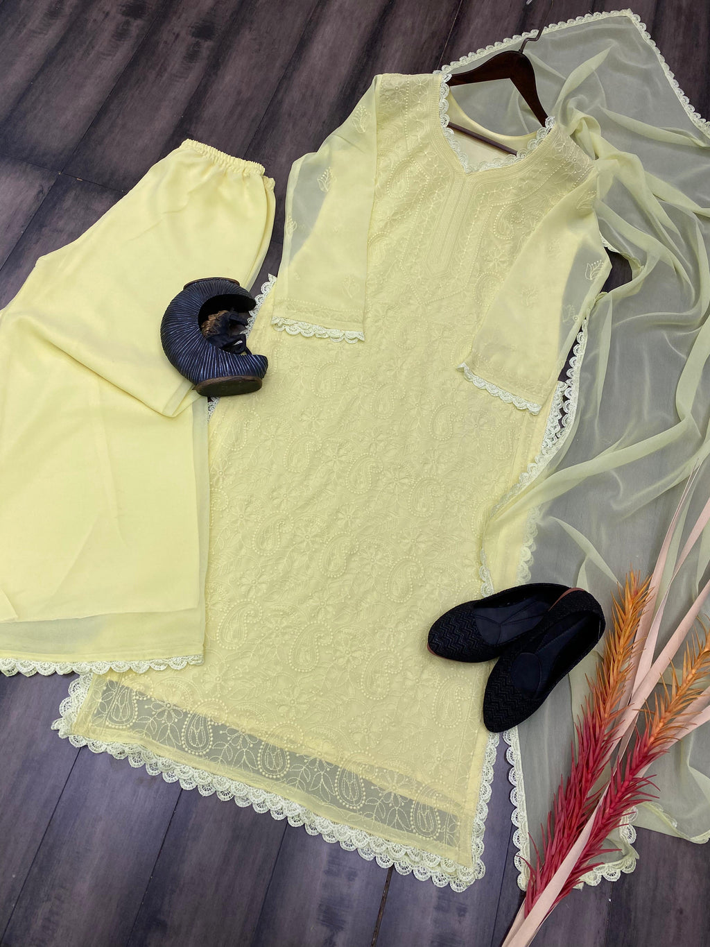 Ramani Peach Georgette Chikankari Embroidery Kurti Set